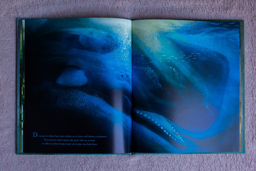 illustratie en bladspiegel met een walvis onder water