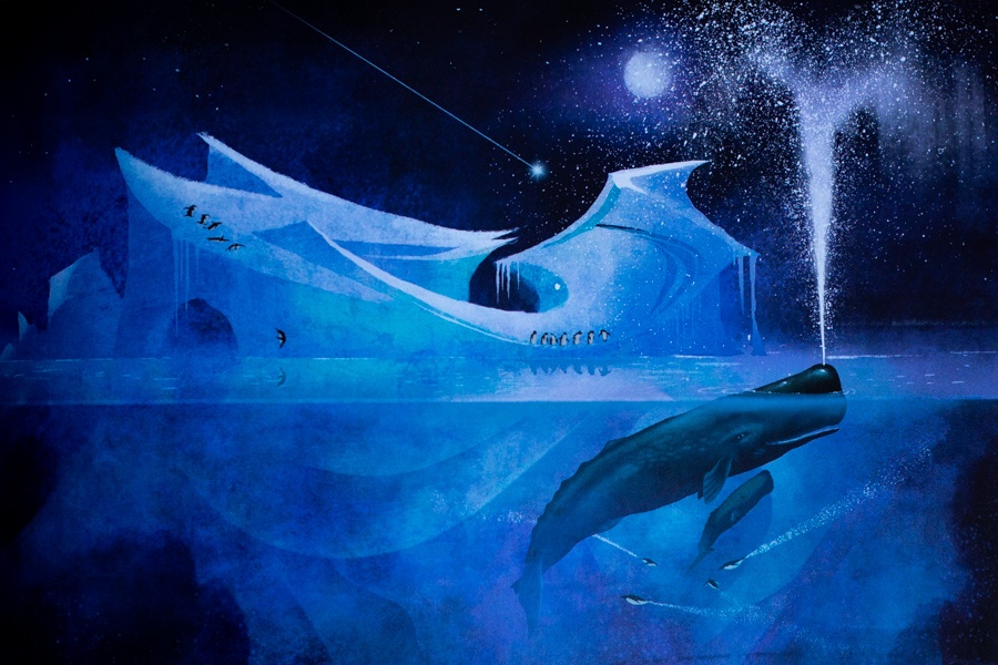 illustratie van een walvis bij de ijsschotsen met pinguïns de maan schijnt, er valt een ster en de walvis spuit water omhoog