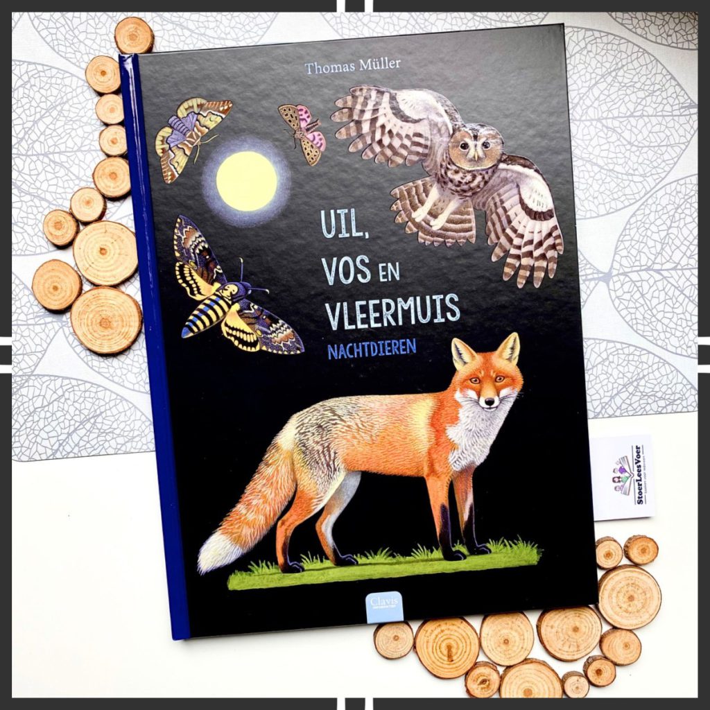 Uil vos en vleermuis, een nachtdieren boek van Thomas Müller voorkant cover kader weetjesboek dieren prenten natuur inkijkexemplaar samenvatting insecten clavis